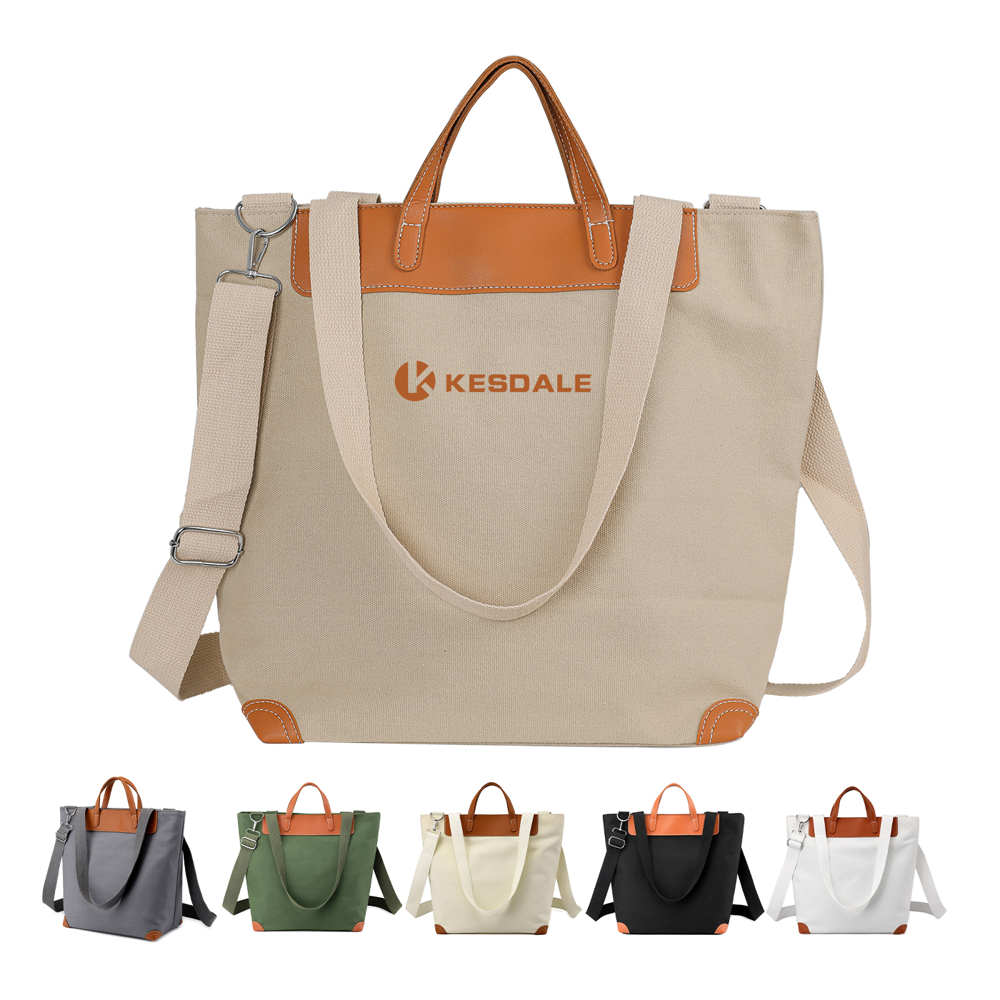 Large Capacity Canvas Tote Bag With Leather Handle