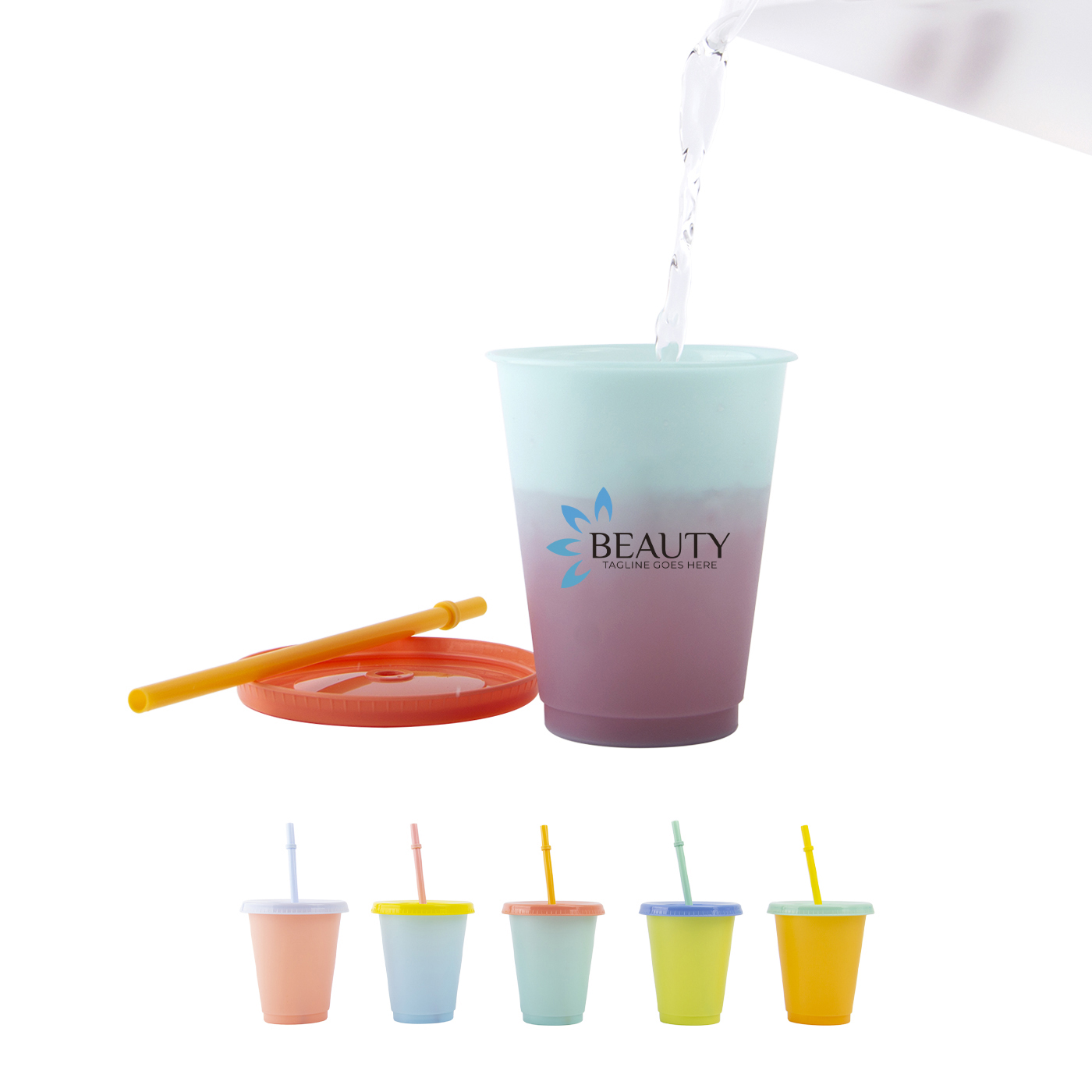 Becher mit Strohhalm, Farbwechsel, 16 oz