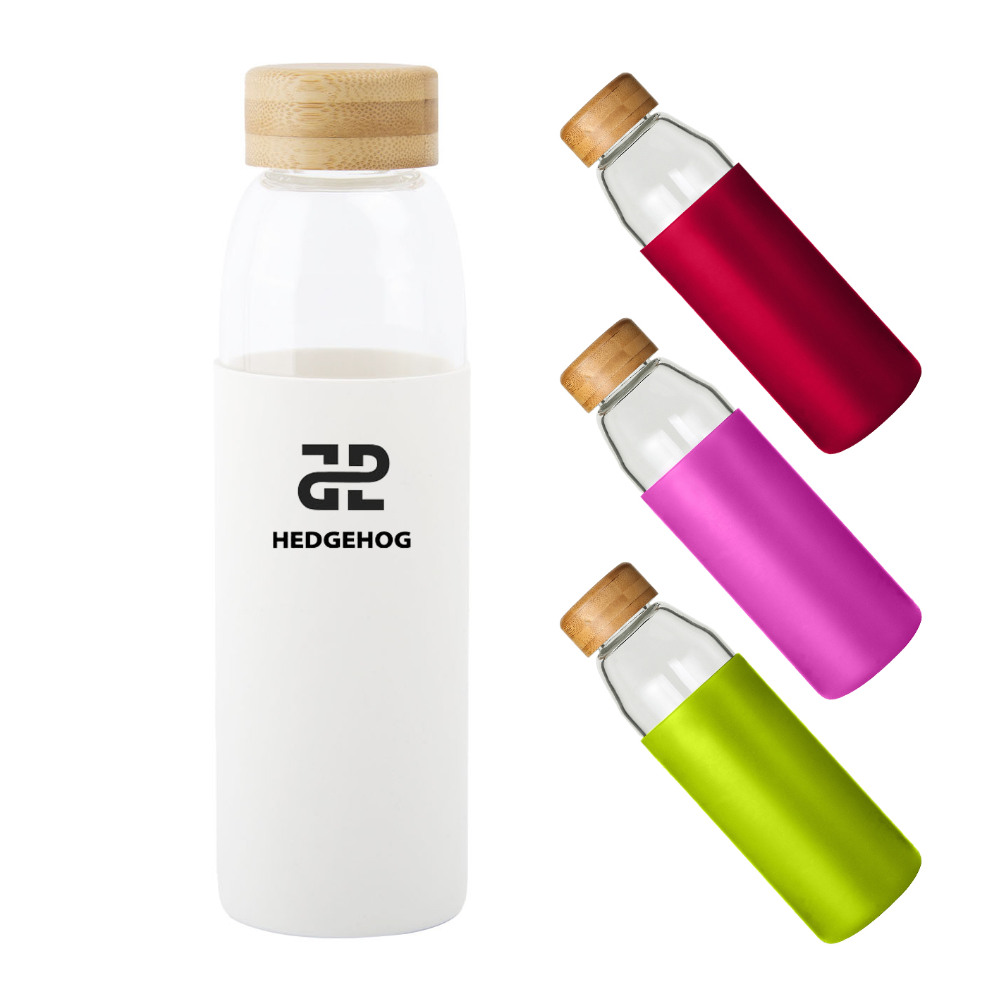 Glasflasche mit Bambusdeckel, Silikonhülle, 18 oz.
