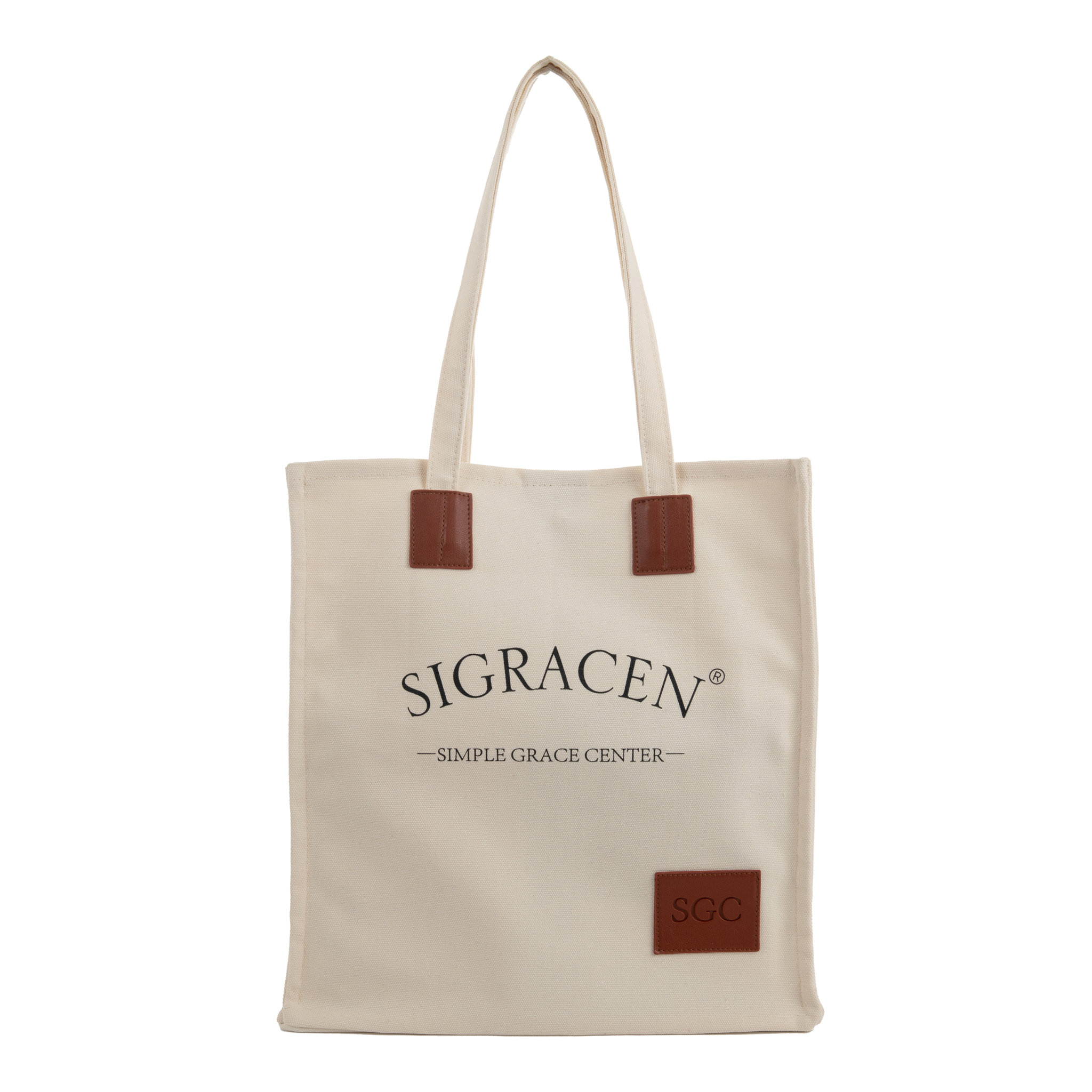 Embossed Leather Patch Canvas Tote Bag