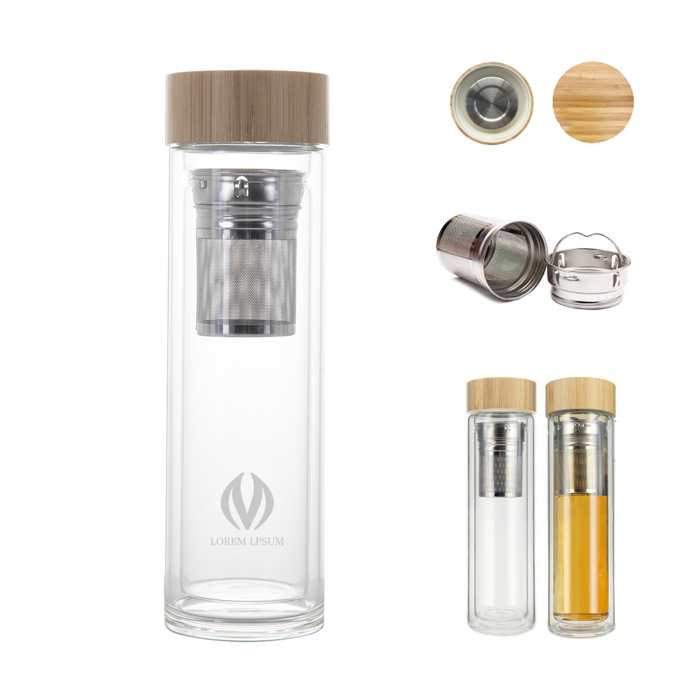 Glaswasserflasche mit Bambusdeckel und Tee-Ei, 15 oz.