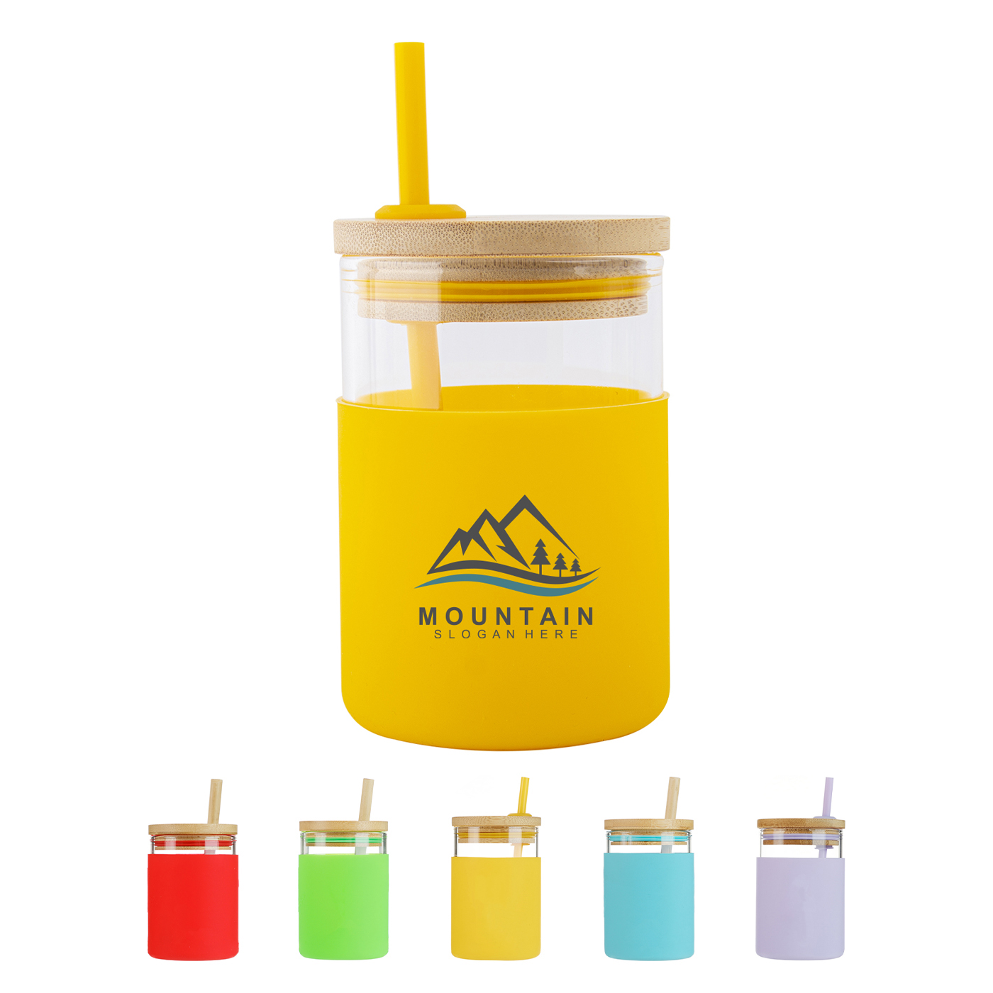 Glasbecher mit Silikonhülle, Bambusdeckel, 12 oz.