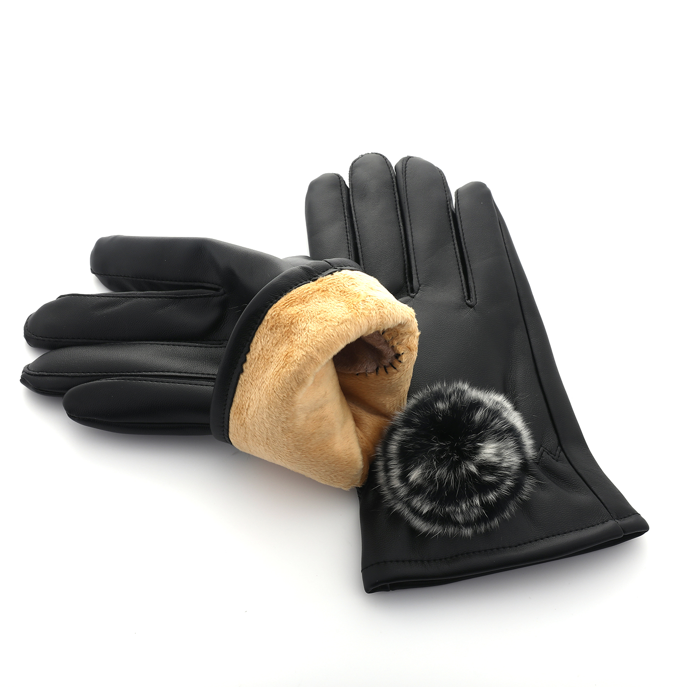 Touch Screen PU Leather Warm Gloves with Pom Pom2