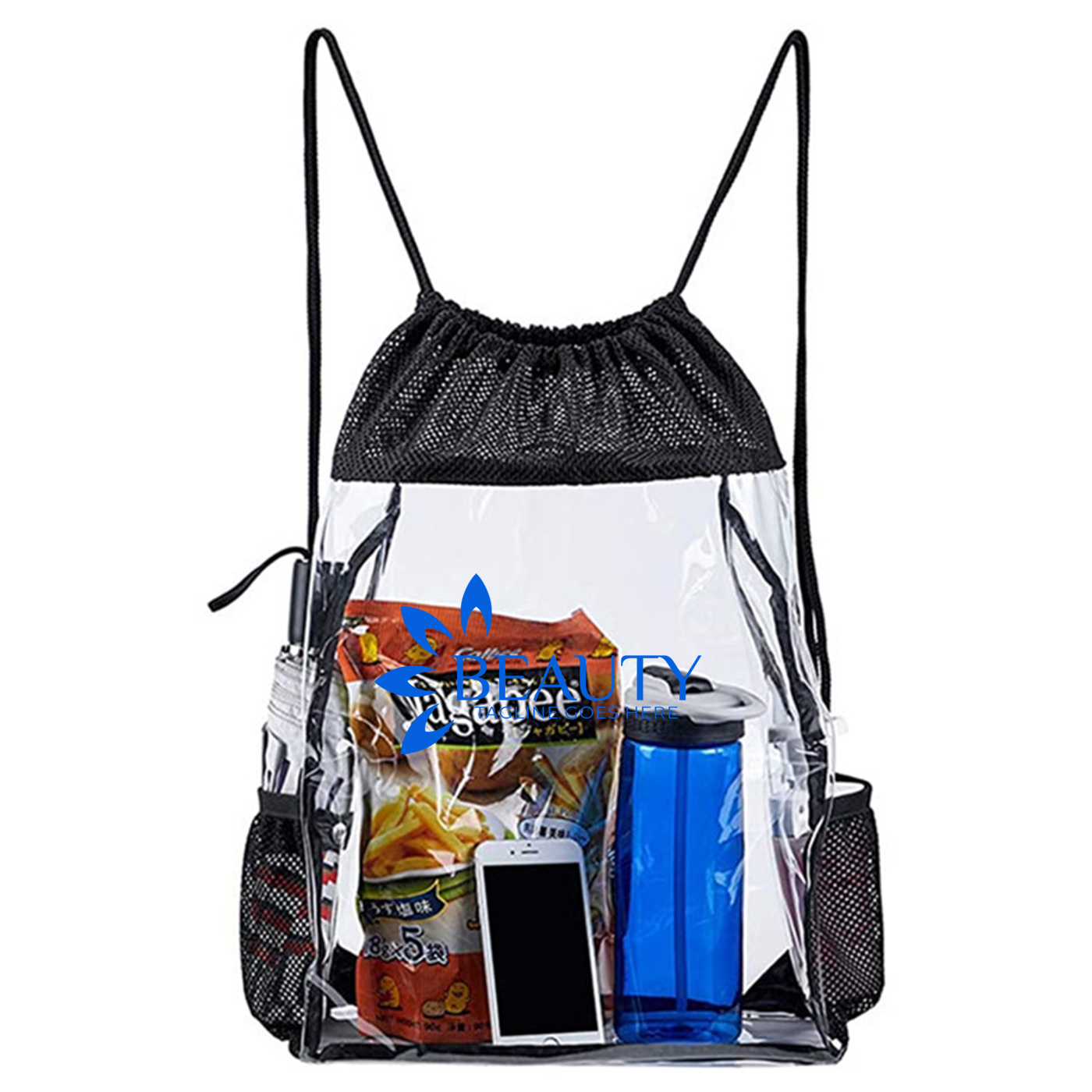 Kordelzug-Rucksack mit Flaschenhalter, transparent, PVC