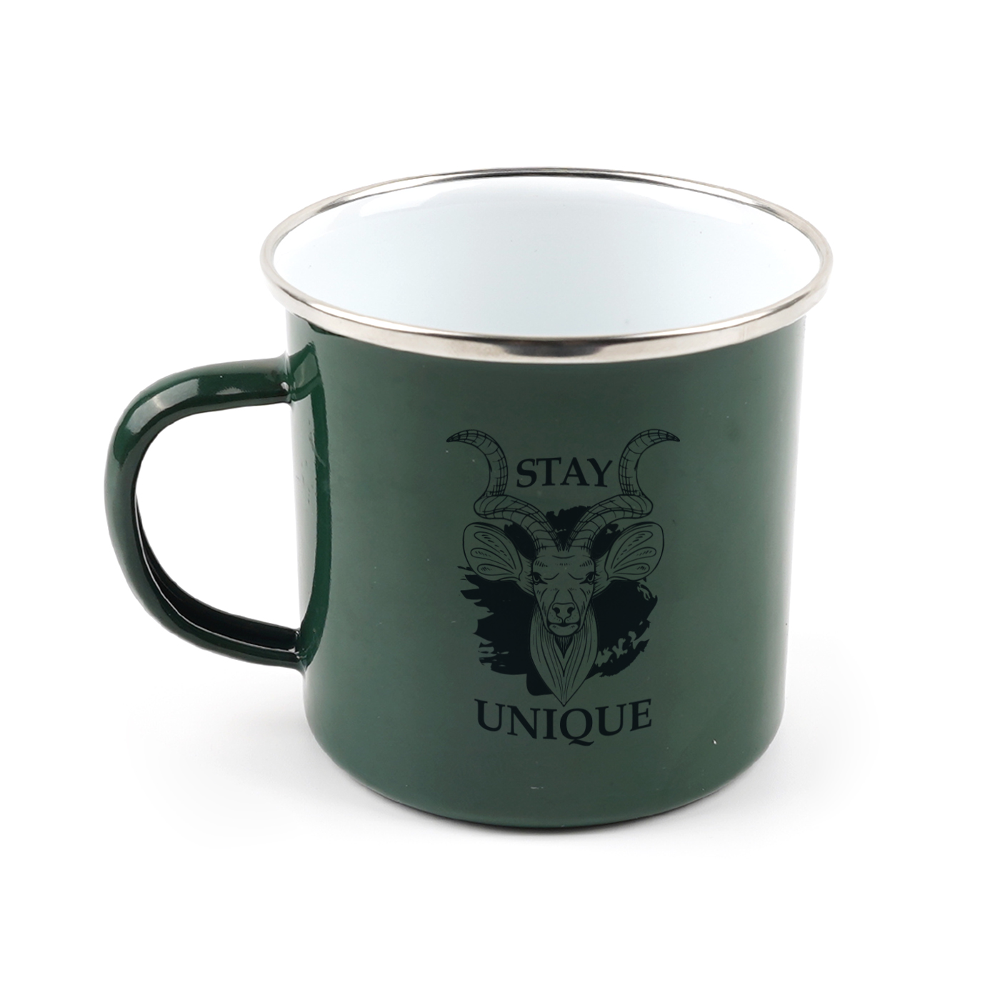 Emaille-Tasse mit Silberrand, 12 oz., personalisiert