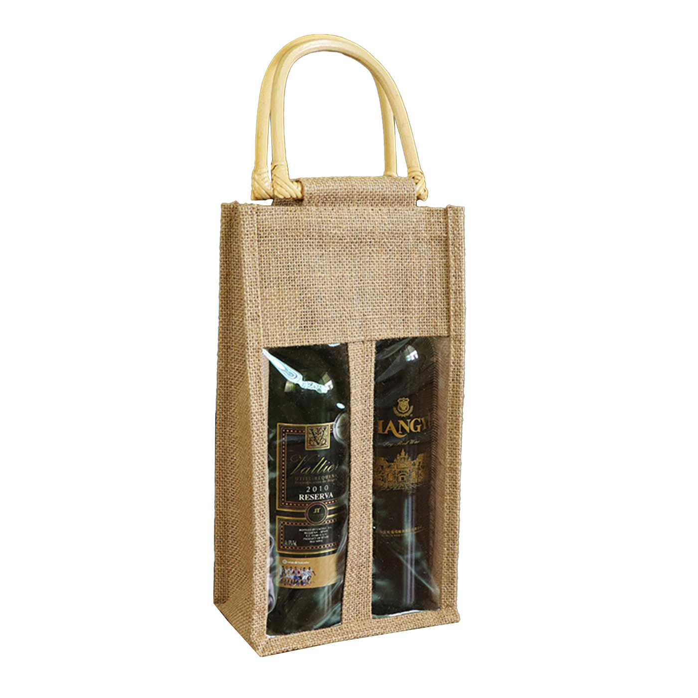 Clear Window Jute Wine Bag For Two Bottles2