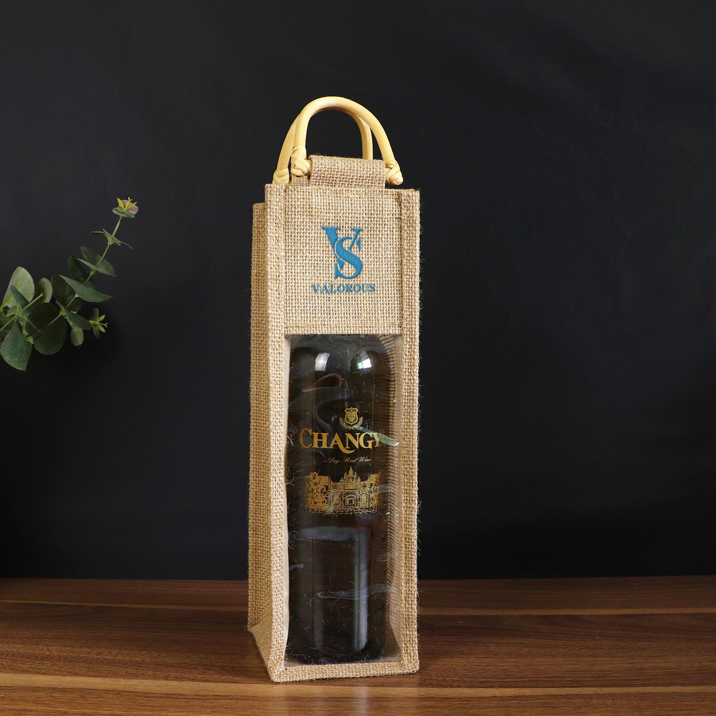 Weinbeutel für eine einzelne Flasche, Jute, klares Fenster