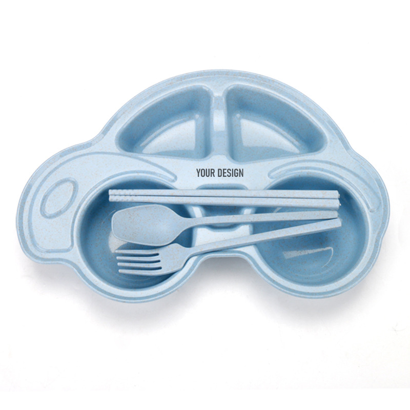 Wheat Straw Cartoon Car Toddler Plate With Cutlery Set2