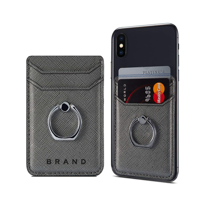 Adhesive PU Leather Phone Card Holder With Ring Stand