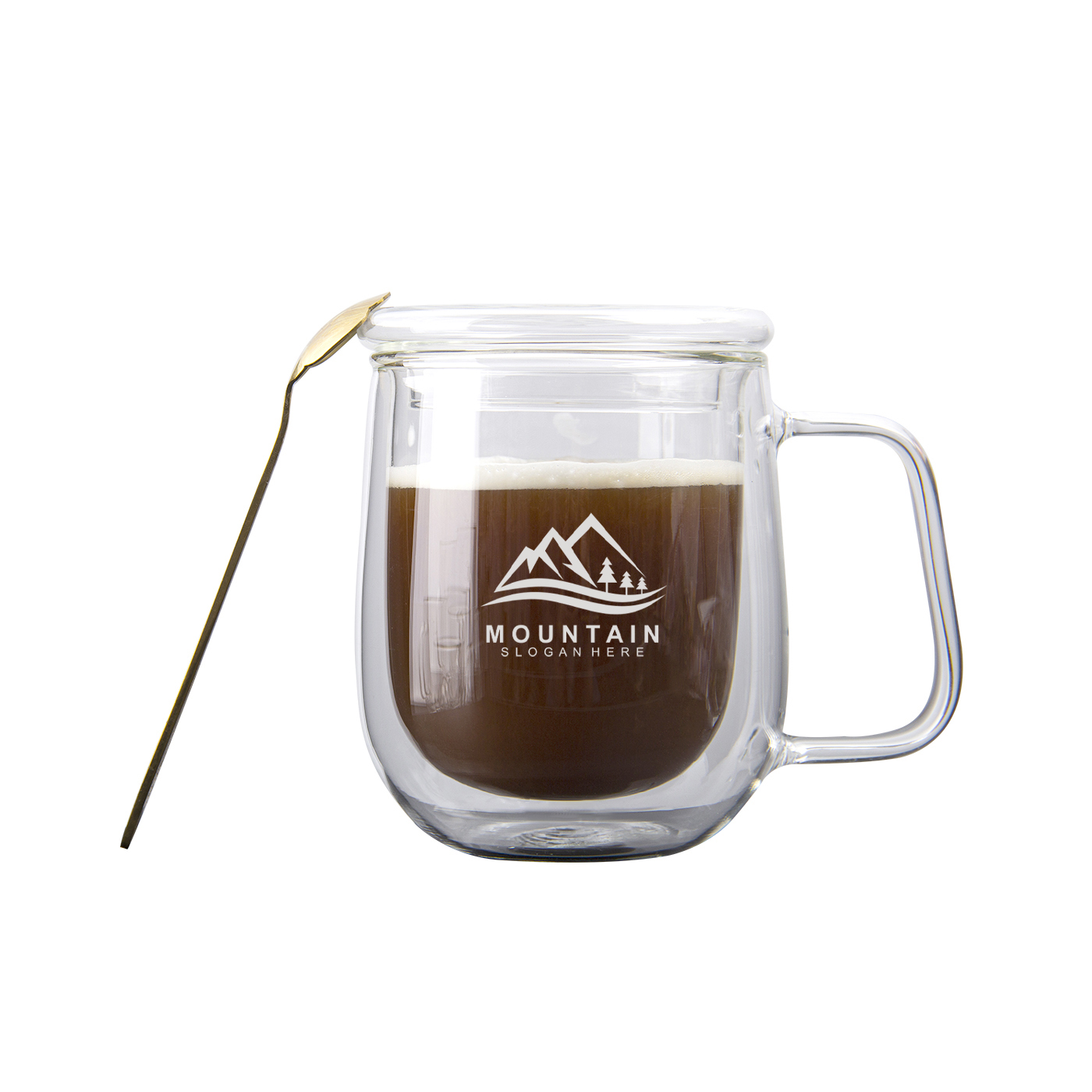 Glasbecher mit Deckel, doppelschichtig, 14 oz.