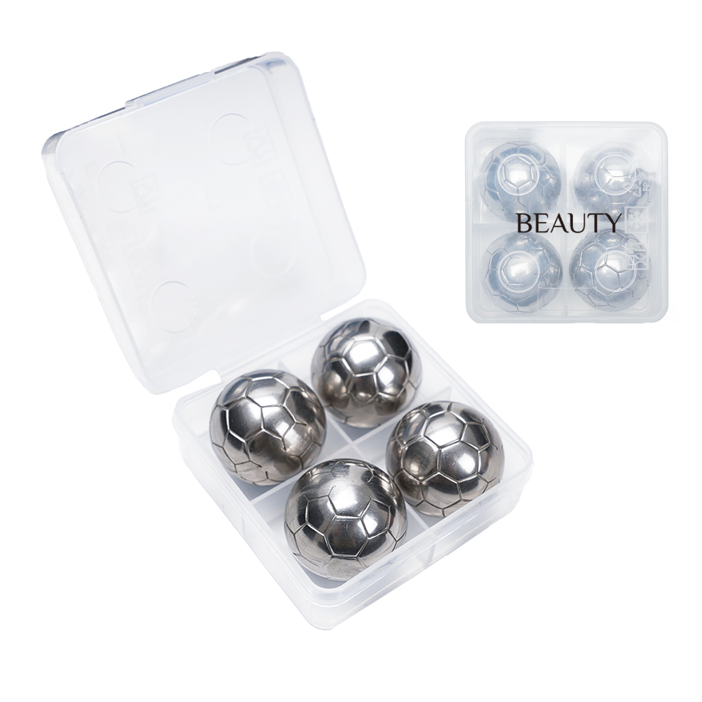 Eiswürfel, Weinstein, Edelstahl, Fußballform, 4-in-1-Set