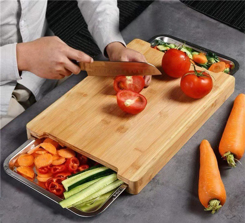 Bamboo Chopping Board With 2 Stainless Steel Tray1