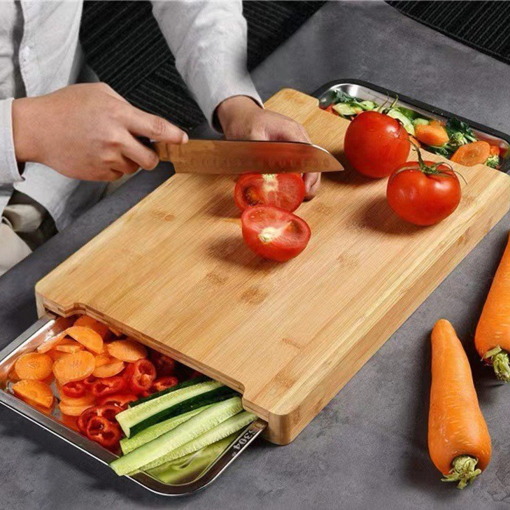 Bamboo Chopping Board With 2 Stainless Steel Tray3