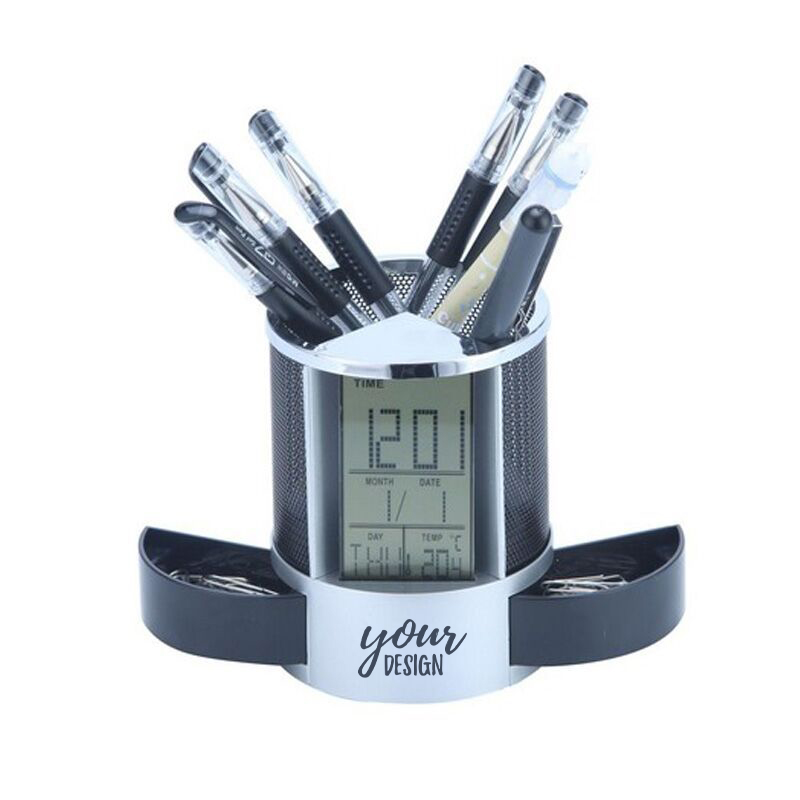 Mesh Pen Holder With Digital LCD Clock1