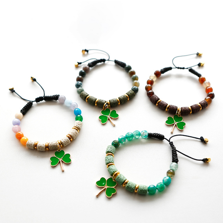 Volcanic Stone Beaded Bracelet With Leaf Clover