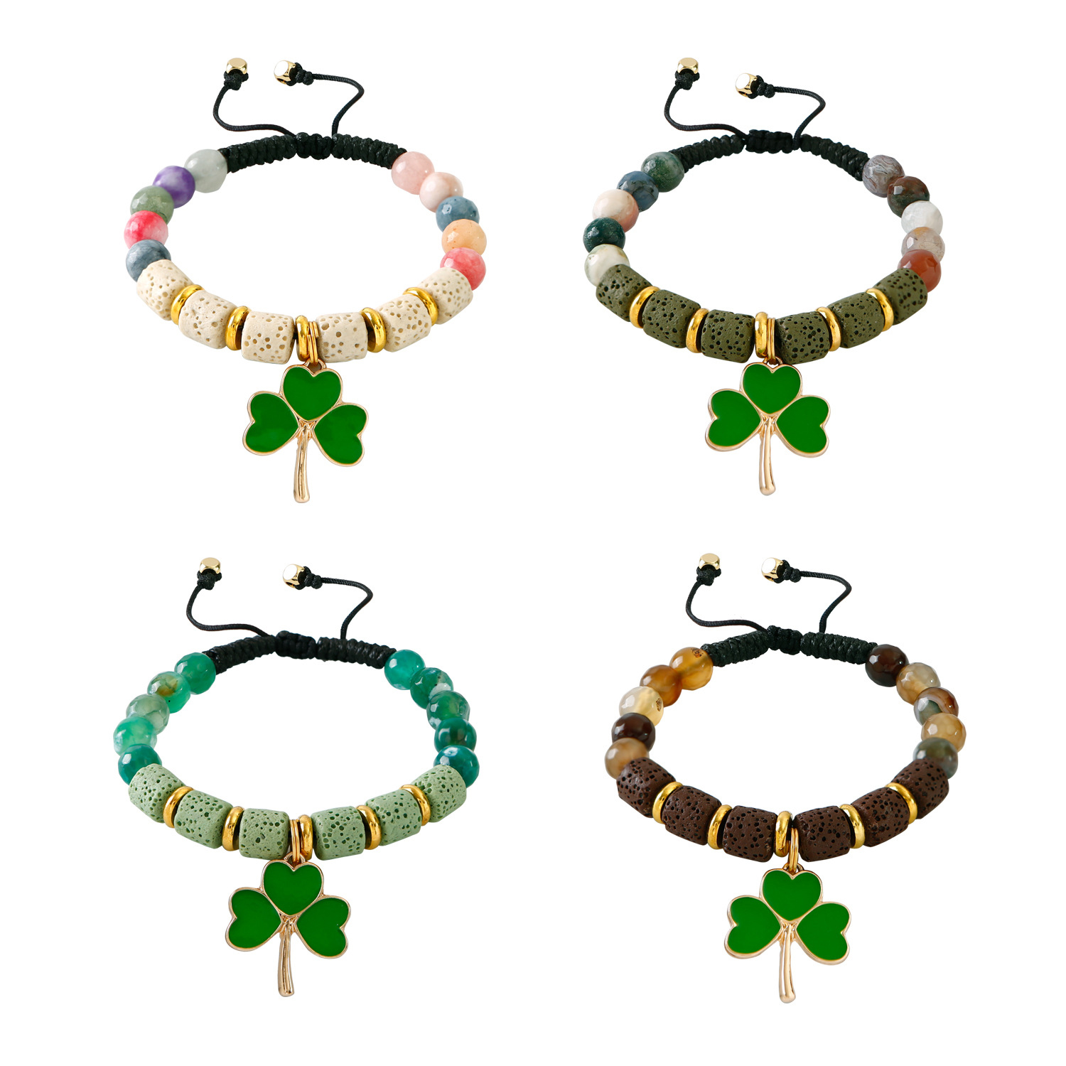 Volcanic Stone Beaded Bracelet With Leaf Clover2