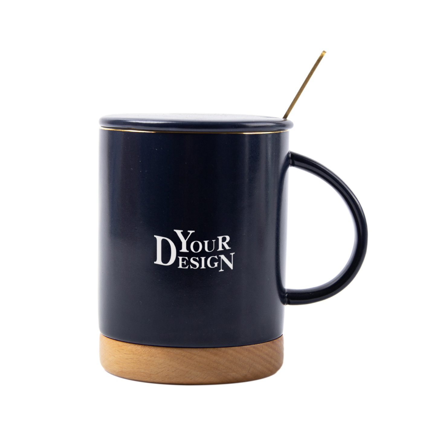 11 oz. Wood Bottom Ceramic Mug With Spoon And Lid