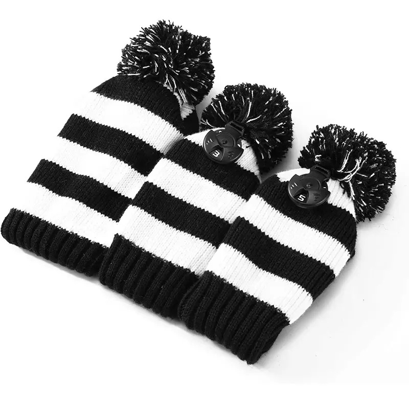 Knitted Golf Club Head Cover Set With Pom