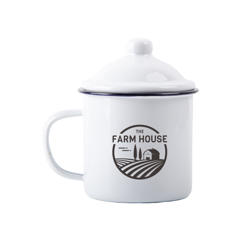 Emaillebecher mit Deckel, 6 oz.