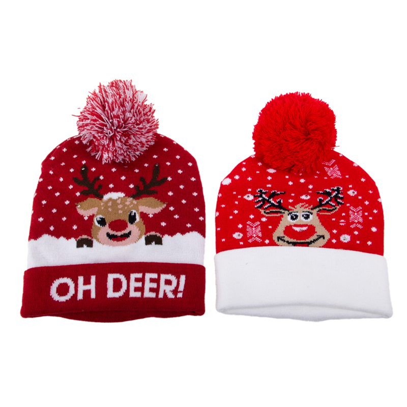 Led Light Christmas Deer Beanie With Pom